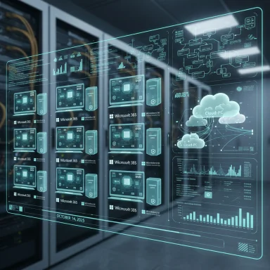 Futuristic holographic data dashboard hovering above a server room, showing cloud graphs and system stats.