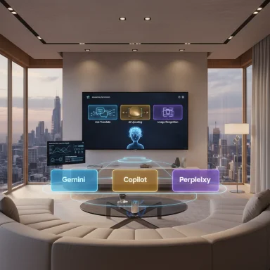 Luxurious living room with a holographic AI UI showing Gemini, Copilot, and Perplexly above a curved sofa.