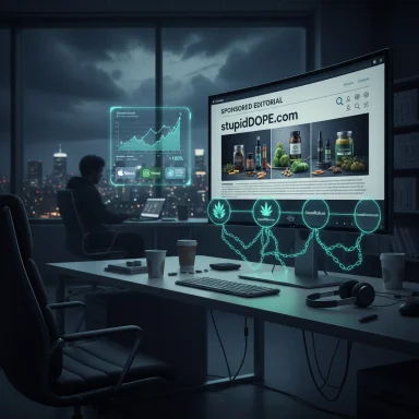 Dim night-office with a large monitor showing a sponsored editorial and glowing holographic charts.