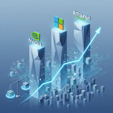 Tech giants Nvidia, Windows, and Amazon rise on a futuristic digital growth chart.