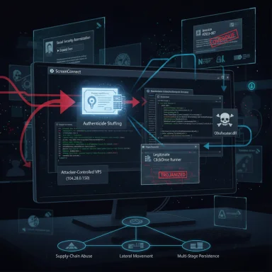 A cyberattack visualization with malware modules, red/blue data flows, and lateral movement across a network.