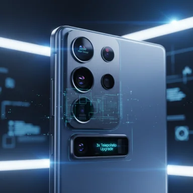 Futuristic smartphone with a quad-camera module and holographic display overlay.
