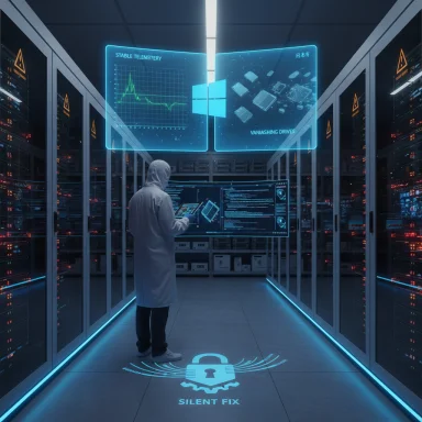 A technician in a hooded lab coat studies holographic displays in a neon-lit server room.