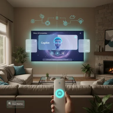 A cozy living room with a large wall screen displaying an AI Copilot interface and a glowing AI remote.