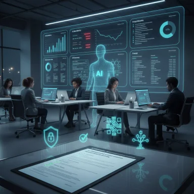 Futuristic AI lab with holographic dashboards and a team of analysts.
