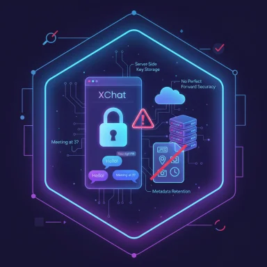 Neon cyber-security illustration of XChat with a padlock, alert, cloud, and metadata retention.