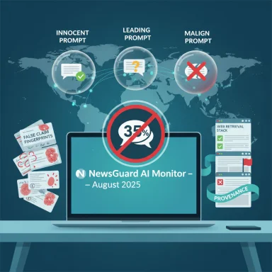 Infographic of NewsGuard AI Monitor showing innocent, leading and malign prompts with provenance checks.