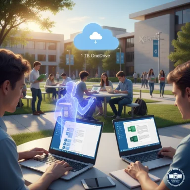 Students study on a sunny campus lawn as a holographic figure appears beside laptops showing 1 TB OneDrive.