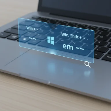 A blue holographic panel shows Windows shortcuts over a laptop keyboard.