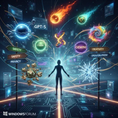 A futuristic figure stands at the center amid glowing AI symbols and neon energy orbs.