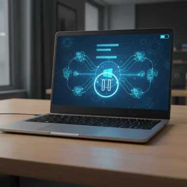 A laptop on a wooden desk shows a glowing blue futuristic cybersecurity graphic. A laptop on a wooden desk shows a glowing blue futuristic cybersecurity graphic.