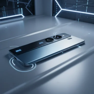 A futuristic smartphone with a triple camera module sits on a glossy surface in a neon-lit lab.