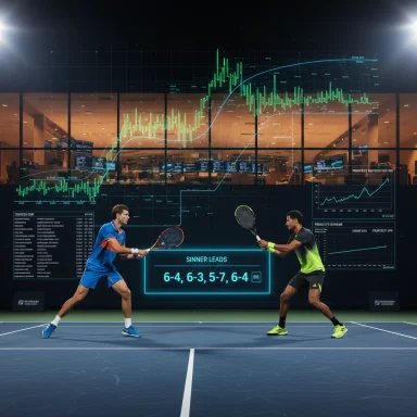 Two tennis players duel on a court beneath holographic financial charts and a digital scoreboard.