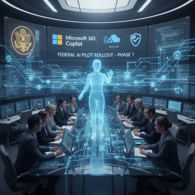 A holographic AI guide leads a federal AI pilot briefing in a high-tech boardroom.