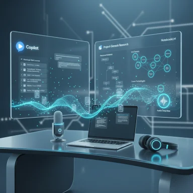A futuristic AI workstation with glowing holographic screens, a laptop, a microphone, and headphones.