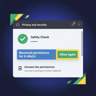 Privacy and security dialog showing Safety Check with removed permissions and an “Allow again” option.