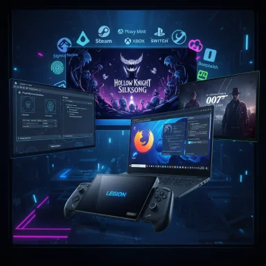 Futuristic gaming setup featuring a Legion handheld, a laptop, multiple displays, and neon cyberpunk lighting.