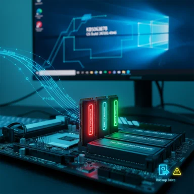 A motherboard with glowing RAM sticks and holographic data streams, shown on a Windows monitor with a backup drive icon.
