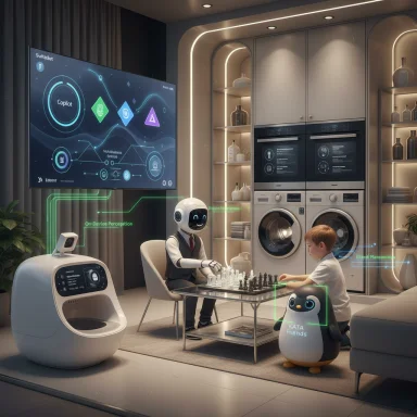 In a high-tech living room, a child plays chess with a robot while a penguin toy watches.