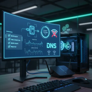 Futuristic server room setup with a curved monitor displaying DNS metrics and network graphs.
