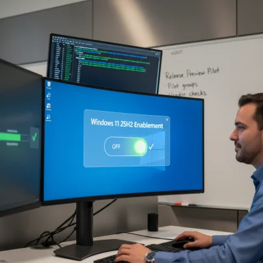 A developer at a multi-monitor workstation sees the Windows 11 25H2 Enablement screen.