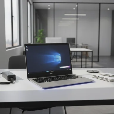 Dell laptop on a clean white desk in a modern glass-walled office.