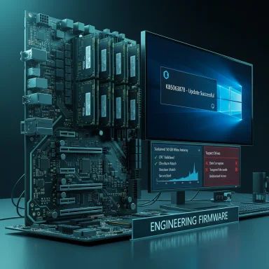 A high-tech server motherboard with RAM modules and a monitor showing a successful firmware update.