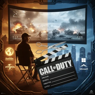 A director sits before a curved screen showing a Call of Duty battle, split orange and blue with a clapperboard.