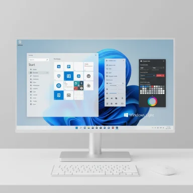 White computer monitor on a stand displays Windows 11 with a tiled Start menu, on a white desk with keyboard and mouse.