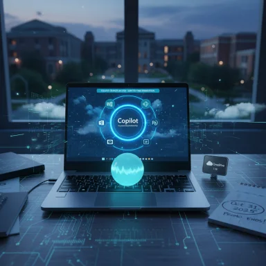 Laptop displays a neon Copilot interface with a holographic orb on the keyboard.