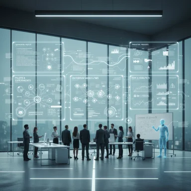 A futuristic conference room with holographic dashboards and a team of professionals.