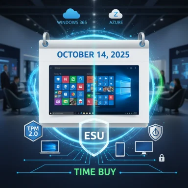 October 14, 2025: a futuristic calendar promoting Windows 365/Azure with ESU, TPM 2.0, and Time Buy.