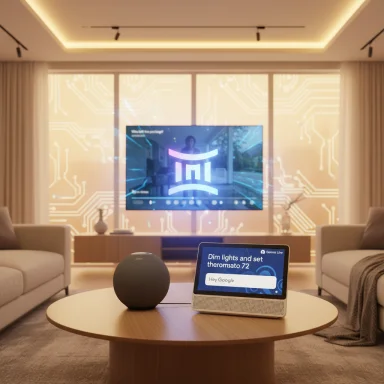 Cozy modern living room with a smart display and round speaker on a coffee table.