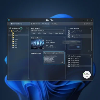 A dark, multi-panel file manager UI called File Pilot with asset previews.