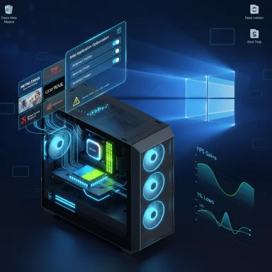 Futuristic gaming PC with glowing blue LEDs and holographic display panels.