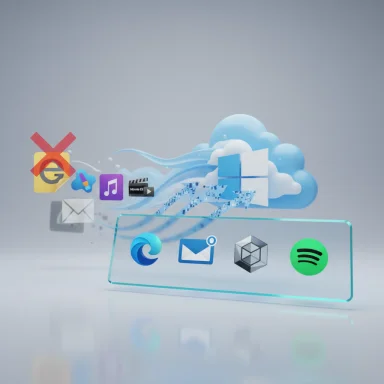 Floating cloud desktop with Windows logo and app icons above a glass panel.