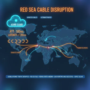 Red Sea cable disruption map showing impacted cables and rerouted data paths.