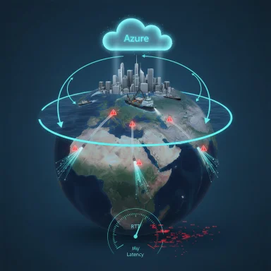 Azure cloud links global cities and ships in a worldwide data network.