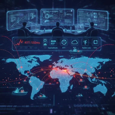 Futuristic analysts monitor global data traffic on holographic screens over a world map.