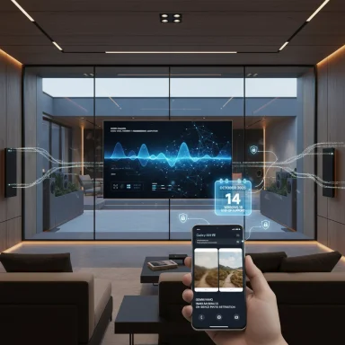 Ultra-modern living room with holographic data streams from a smartphone to the wall screen.