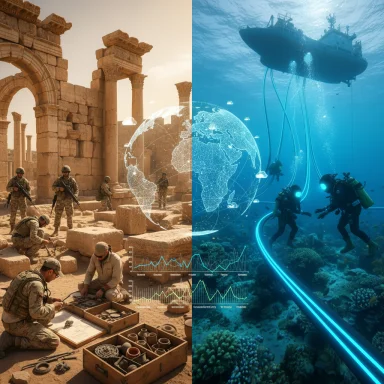 Split image: desert ruins with soldiers on the left; blue underwater scene with divers and a sub on the right.