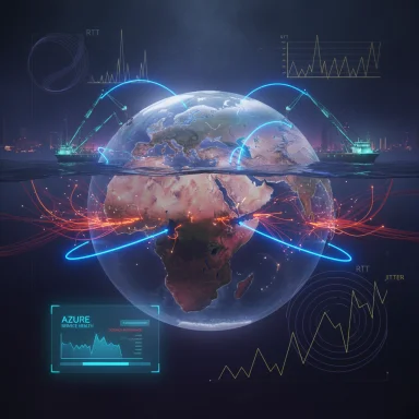 Neon-globe encircled by data streams and dashboards, depicting global network monitoring.