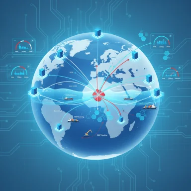 Global logistics network with interconnected data hubs and ships around a digital globe.