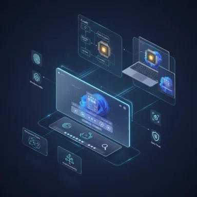 A futuristic holographic UI showing a CorePC ecosystem with interconnected devices.
