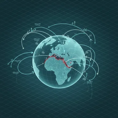 Global network latency visualization showing RTT routes circling the globe.