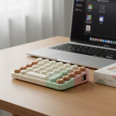 Pastel-colored compact keyboard with round keys sits next to a MacBook on a wooden desk.