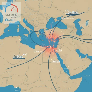 Map of submarine fiber-optic cables and ship routes converging around the Middle East, with network activity bursts.