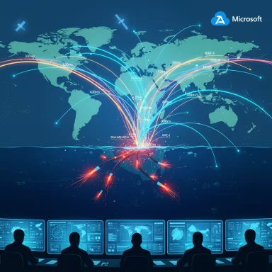 A control room monitors glowing undersea cable links connecting continents across a world map.
