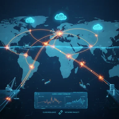 Global cloud network map with Azure nodes connected by glowing latency lines.