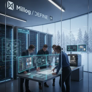 A team collaborates around holographic touchscreens in a futuristic data center.